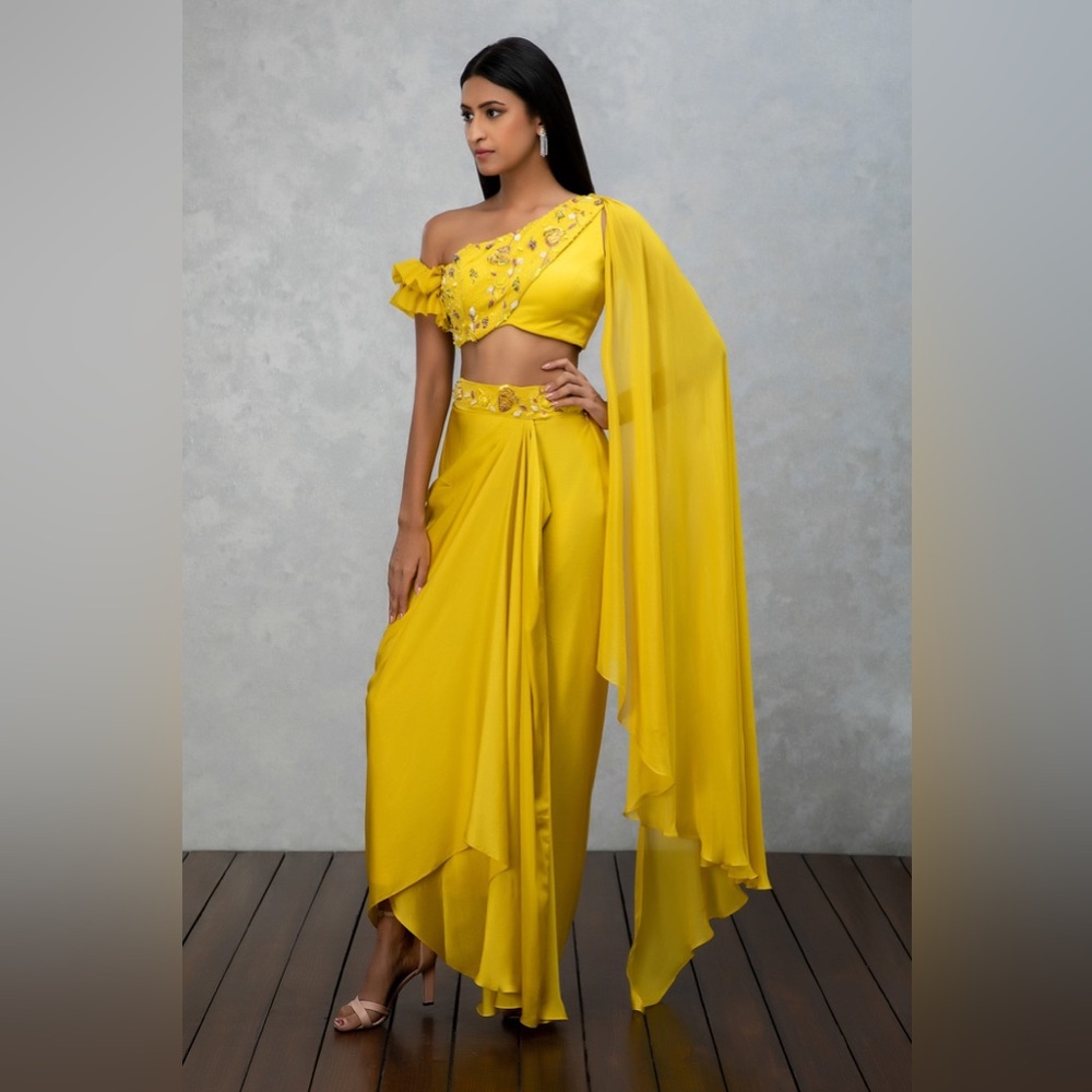 Isha Gupta Citrine yellow draped top and skirt set